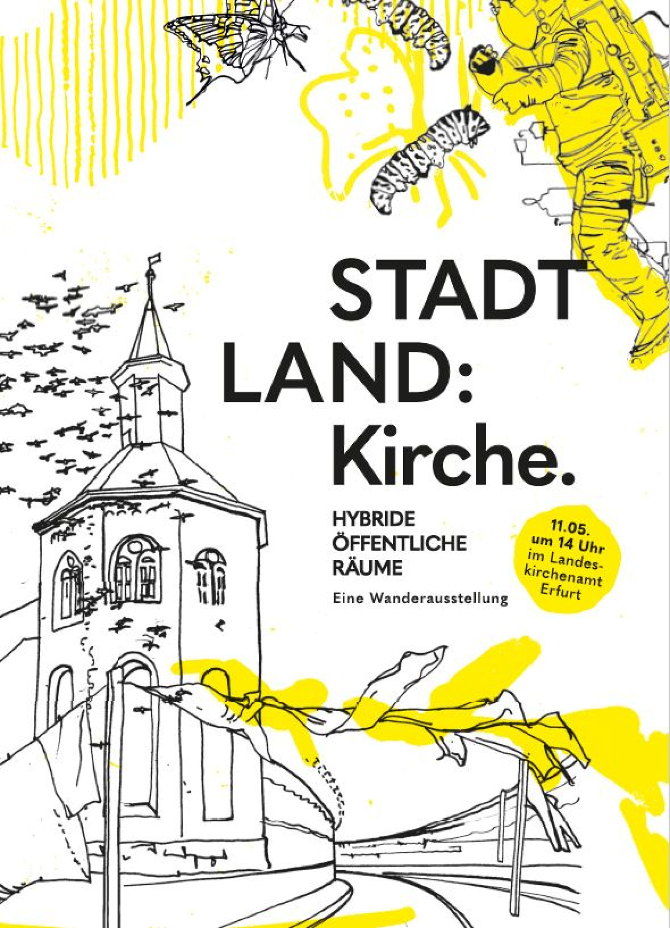 Flyer mit Grafik und Überschrift StadtLand:Kirche. Hybride öffentliche Räume