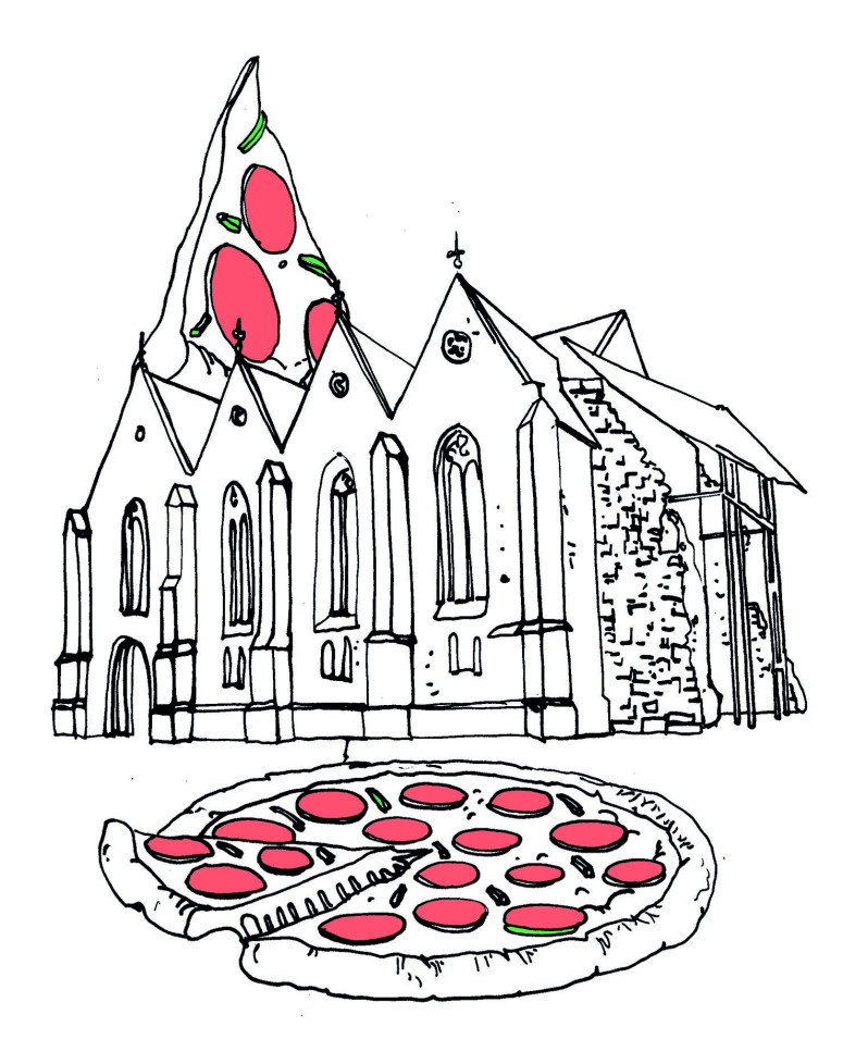 Zeichnung der Kirche, aus deren Dach abstrakt ein großes Stück Pizza wächst. Vor der Kirche liegt eine große ganze Pizza mit roten Salamistücken.