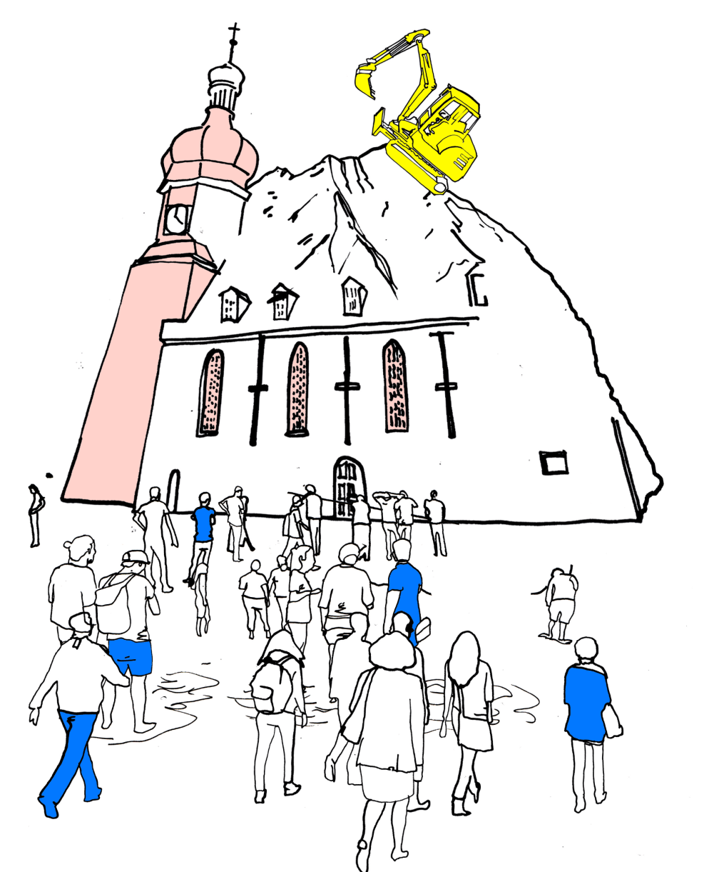 Illustration welche Menschen zeigt, die in eine Kirche hinein gehen. Auf dem Dach der Kirche steht ein Bagger.
