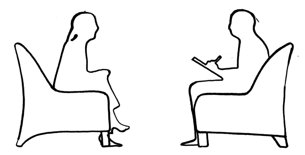Illustration welche zwei Meschnen in Sesseln zeigt, die sich gegenüber sitzen. Die rechte Person hält Stift und Zettel in der Hand und schreibt.