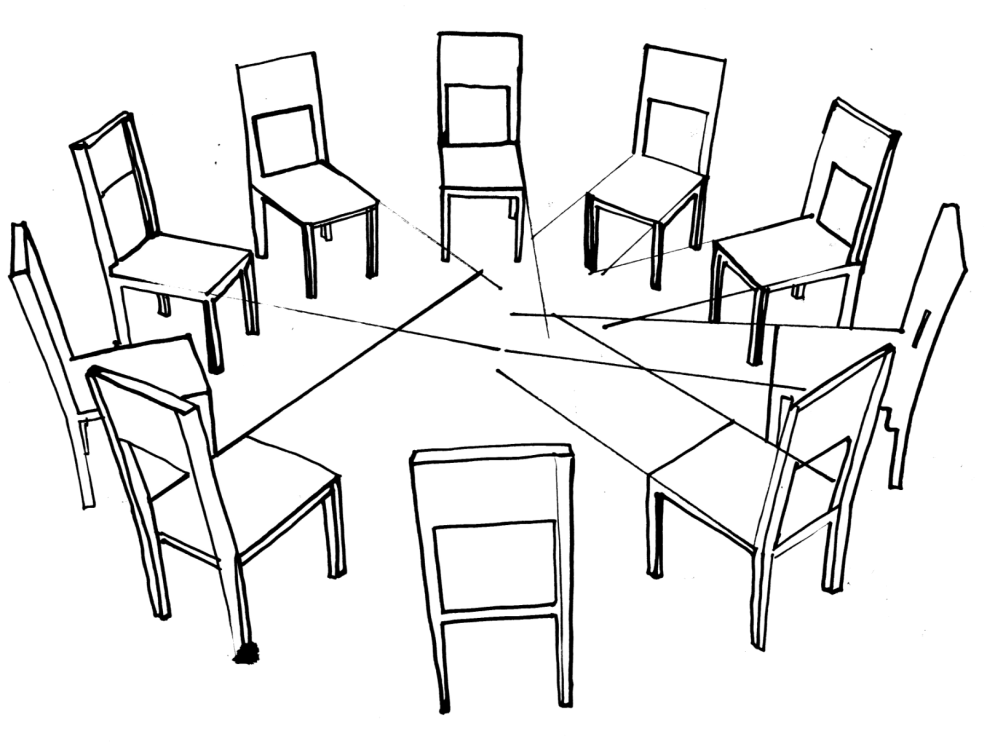 Illustration welche einen Stuhlkreis zeigt.