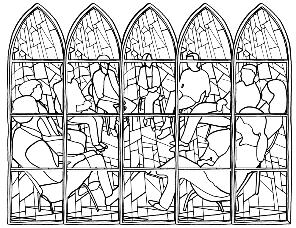 Illustration eines Kirchenfensters aus Buntglasscheiben, welches eine Gruppe im Kreis sitzender Menschen zeigt.