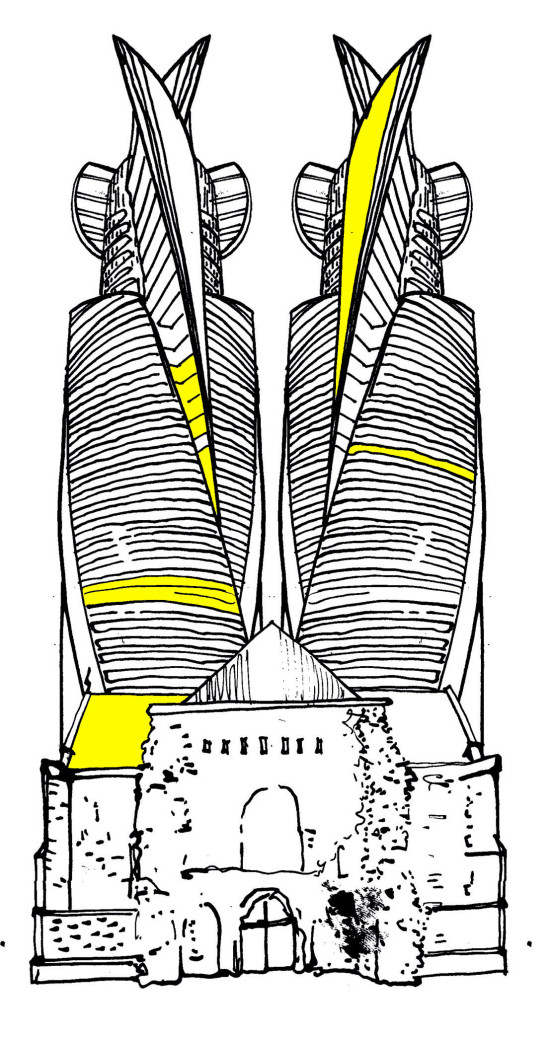 Eine abstrakte Zeichnung der beiden Türme an der Kirche mit gelben Farbakzenten.