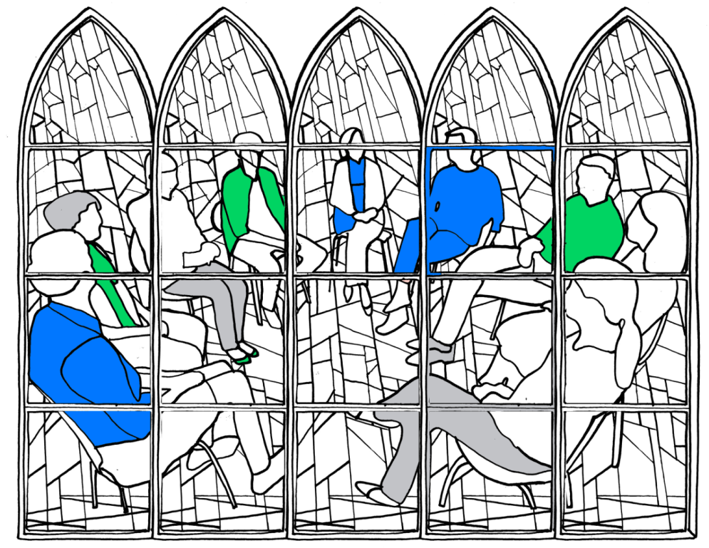 Illustration eines Kirchenfensters aus Buntglasscheiben, welches eine Gruppe im Kreis sitzender Menschen zeigt.