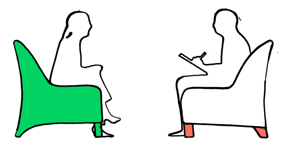 Illustration welche zwei Meschnen in Sesseln zeigt, die sich gegenüber sitzen. Die rechte Person hält Stift und Zettel in der Hand und schreibt.