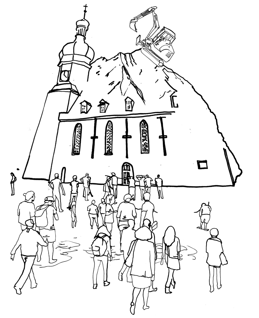 Illustration welche Menschen zeigt, die in eine Kirche hinein gehen. Auf dem Dach der Kirche steht ein Bagger.