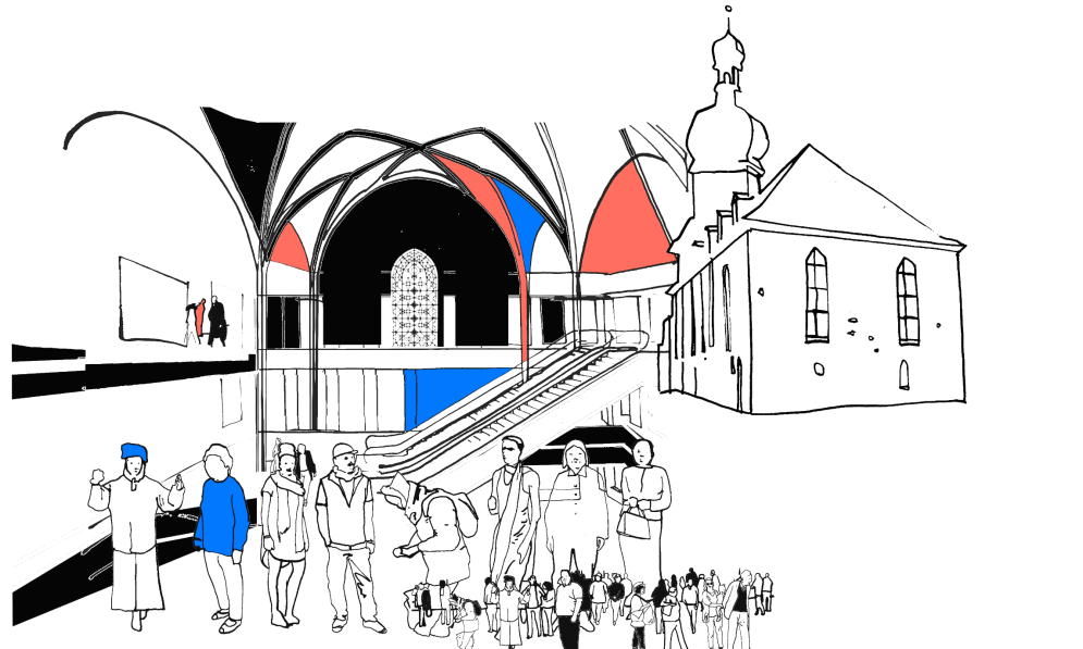 Illustration mit Menschen, dem inneren einer Kirche und einer Kirche von außen.